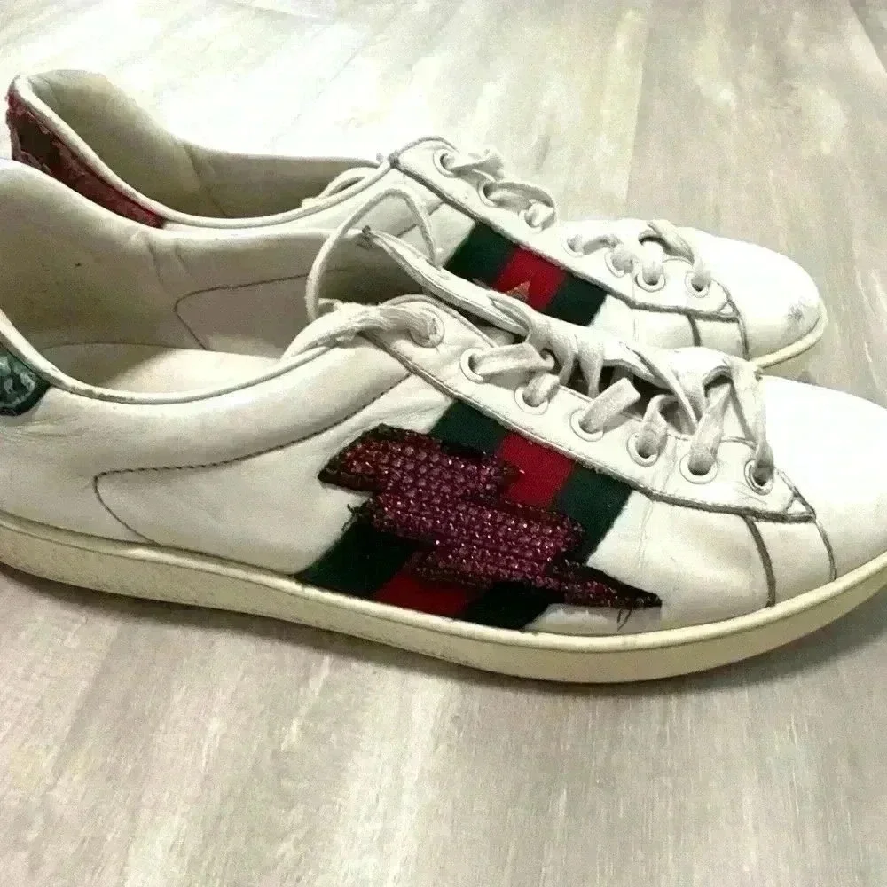 Gucci Ace Sneakers Mens 8 White Leather Crystal Lightning Bolt Web Stripe 433738